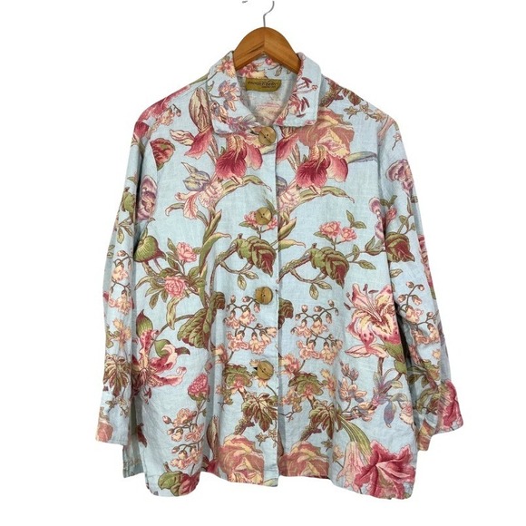 Vintage Painted Pony Linen Jacket Floral Blue Artsy Boho Button Front Top L Y2K - Picture 2 of 9